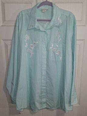 Vintage Las Olas Button-Down Shirt - Mint Green Embroidered Beading Striped - 2X